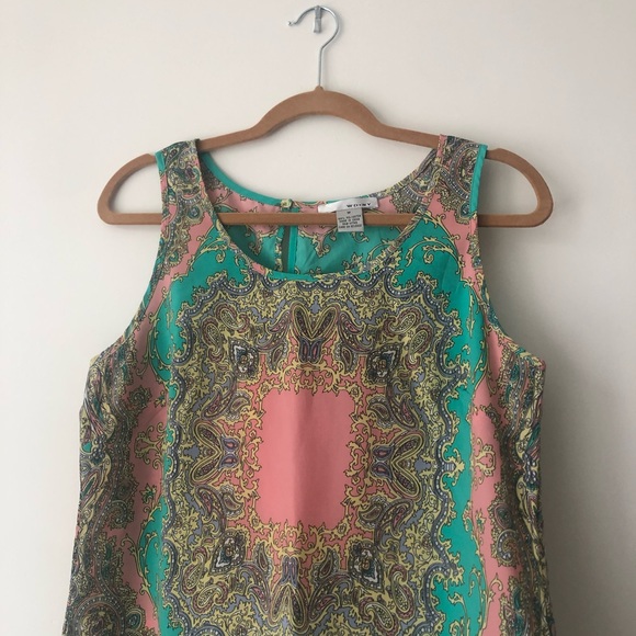 Pink & Teal Pastel Spring Paisley Floral Sleeveless Shift Blouse - Picture 2 of 9